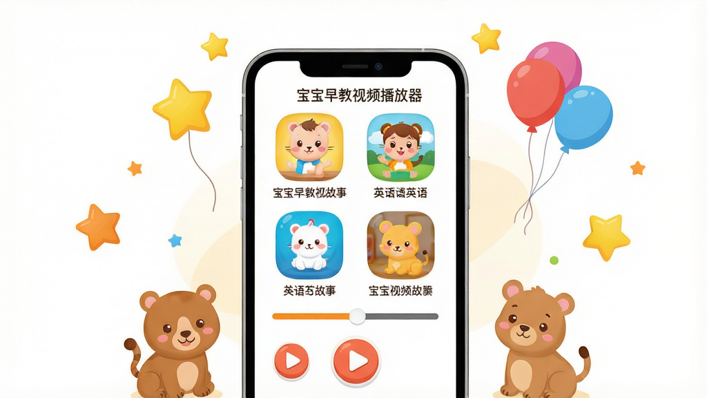 主体:宝宝早教视频播放器APP界面展示,卡通风格,色彩明亮。布局:居中展示手机屏幕,屏幕内显示儿歌、故事、英语等分类图标,周围环绕星星、气球、小动物等装饰元素。排版:手机屏幕为主体,四周留白,装饰元素均匀分布。风格:扁平化卡通插画,圆润线条,温馨可爱。细节:屏幕上有播放按钮和进度条,图标清晰,文字标签为“宝宝早教视频播放器”。画质:高清,干净,无多余元素。