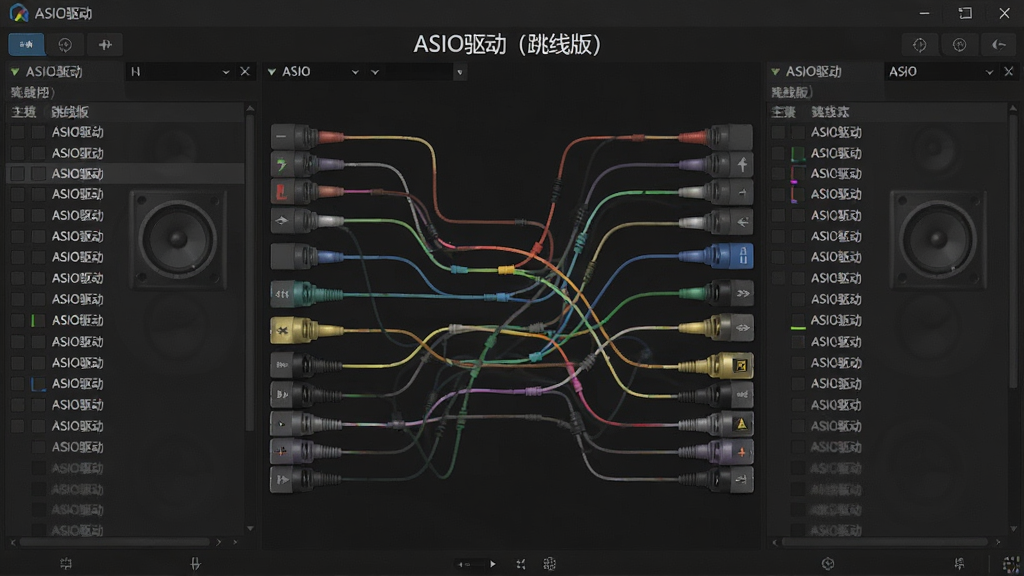 ASIO驱动(跳线版)软件主界面,深色主题,左右两侧设备列表,中间彩色跳线连接,文字标注“ASIO驱动(跳线版)”,专业音频软件风格,高清画质,干净无冗余