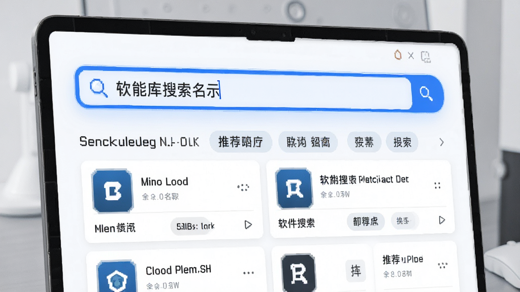 软件库智能搜索功能演示,用户在搜索框输入软件名称,下方展示匹配的软件列表和推荐标签,界面设计现代,搜索框醒目,整体风格清新,细节精致,画质高清。