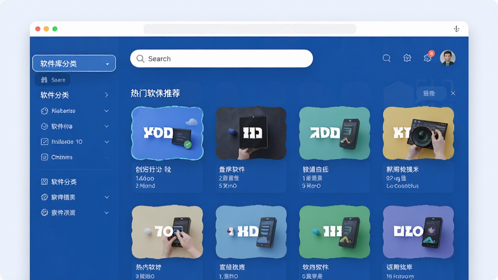 软件库主界面预览,展示软件分类导航、搜索框、热门软件推荐列表,界面采用现代简约风格,蓝色主色调,布局清晰,排版整齐,细节丰富,高清画质,干净无多余元素。