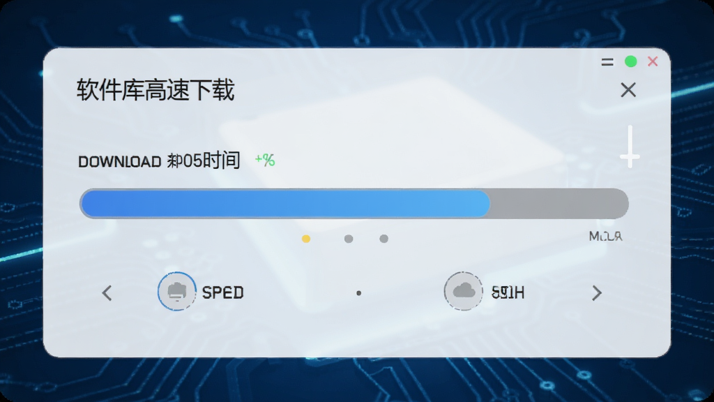 软件库高速下载界面,显示下载进度条、速度与剩余时间,背景为科技感蓝色调,界面简洁明了,布局合理,视觉效果现代,画质干净。