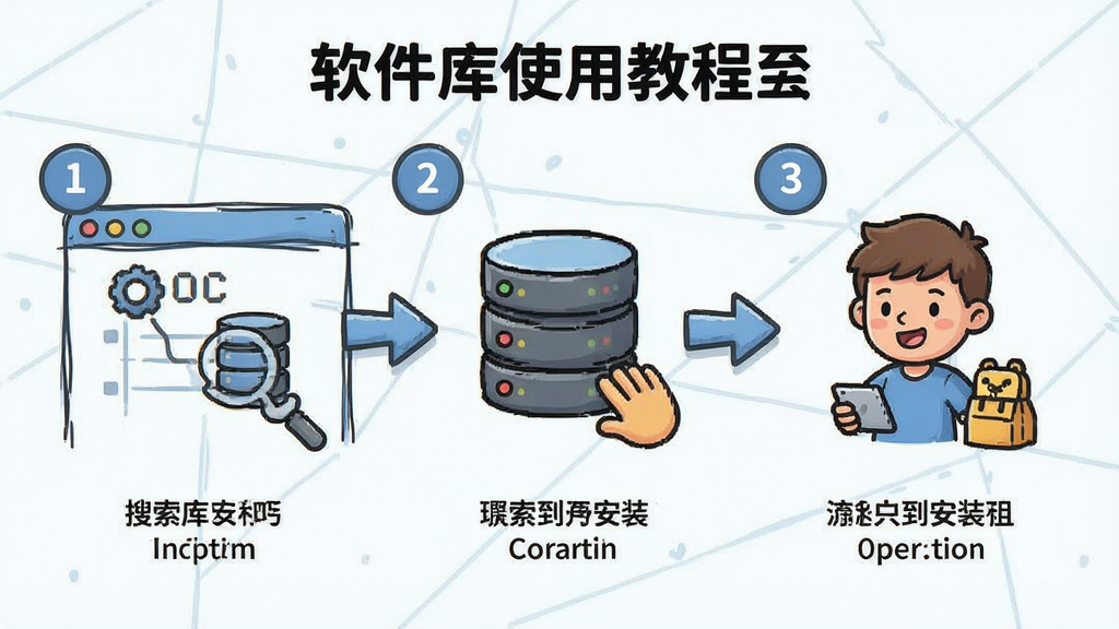 软件库使用教程步骤图,展示从搜索到安装的流程,卡通风格,步骤清晰,数字标注,排版有序,画质干净。