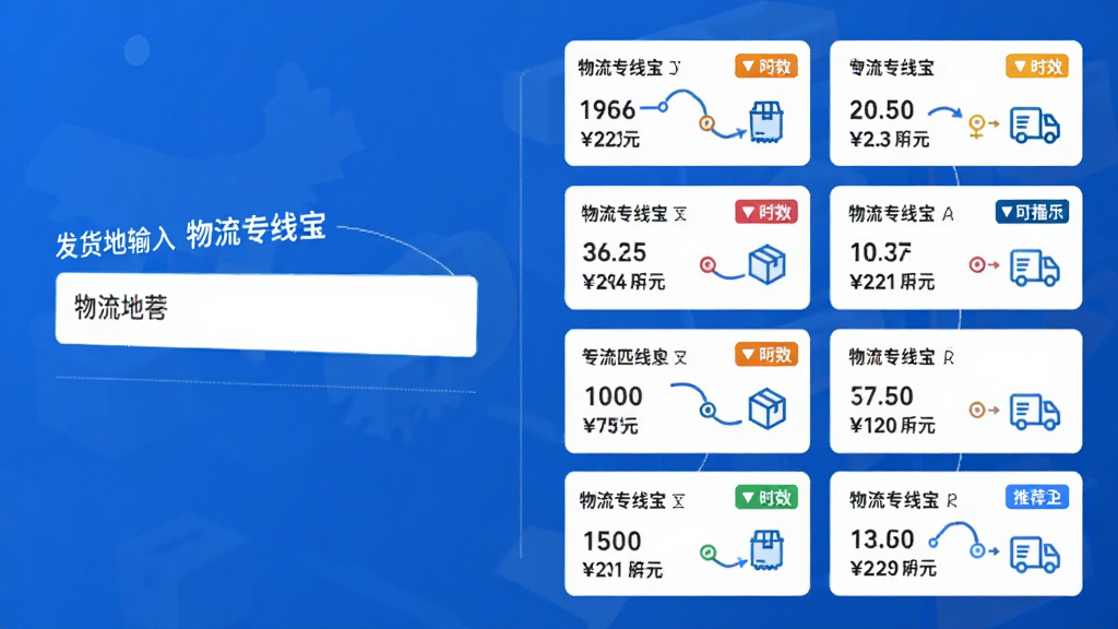 主体为“物流专线宝”智能匹配功能示意图,布局左侧显示发货地输入框,右侧展示多条专线卡片列表,卡片上有价格和时效标签。风格清晰商务,蓝色背景,白色卡片,细节包含线路节点小图标和推荐标签,画质干净整洁。