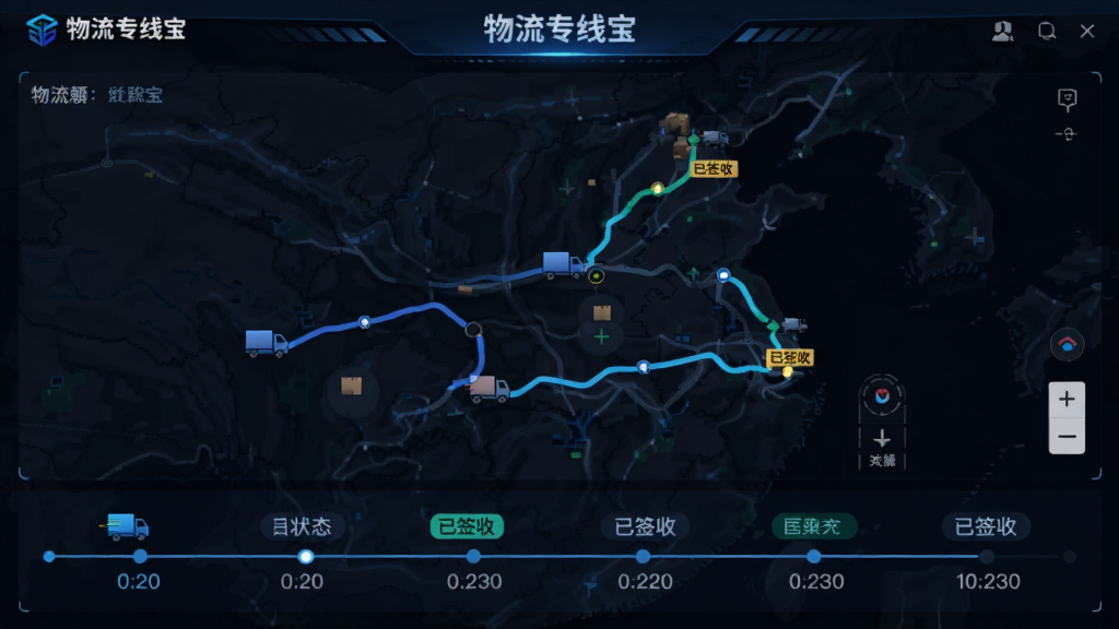主体为“物流专线宝”货物追踪界面,显示地图轨迹和运输节点,布局以地图为中心,下方为状态时间线。风格科技感,深色地图配亮色轨迹线,细节包含货车图标和已签收标签,画质清晰,无多余元素。