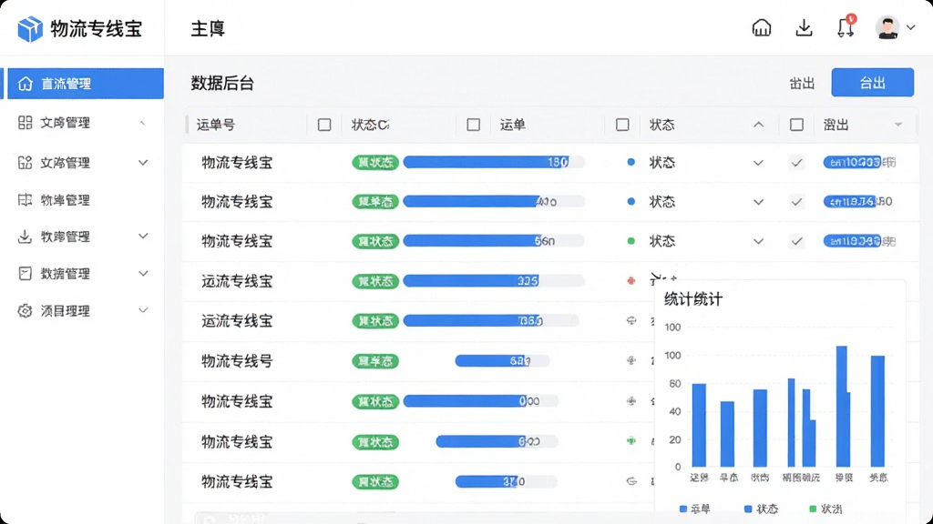 主体为“物流专线宝”运单管理后台,布局左侧为菜单栏,右侧为数据表格和统计图表。风格简洁商务,白色背景,蓝色数据条,细节包含运单号、状态标签和导出按钮,画质干净专业。