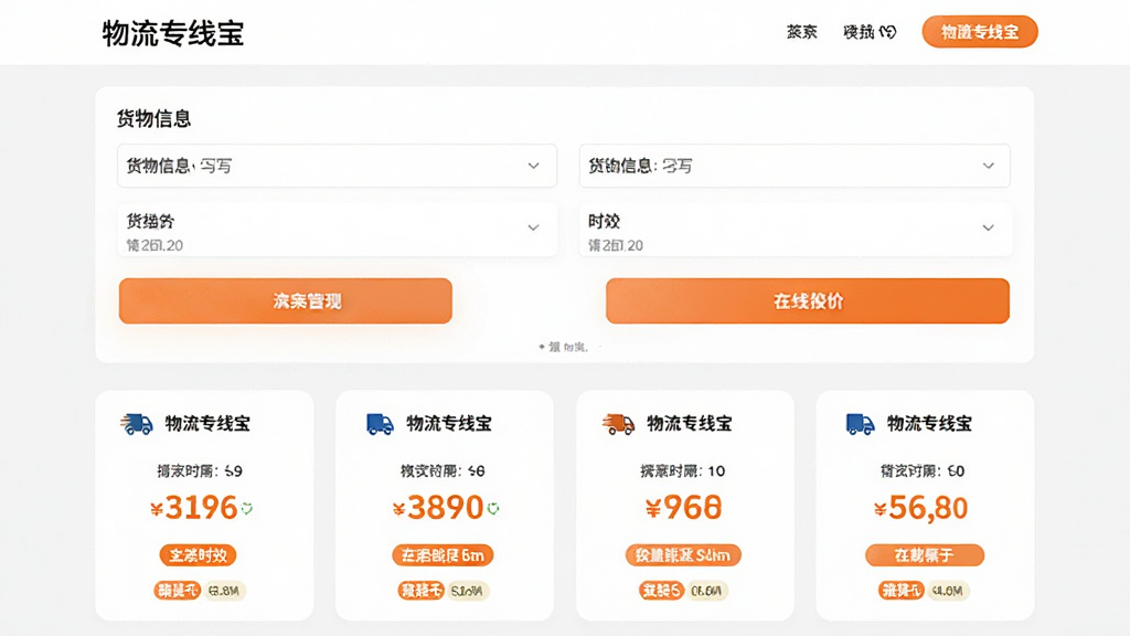 主体为“物流专线宝”在线报价页面,布局上方为货物信息填写区,下方为多家物流公司报价对比卡片。风格清爽,浅灰背景,橙色高亮按钮,细节包含价格数字和时效标签,画质高清。