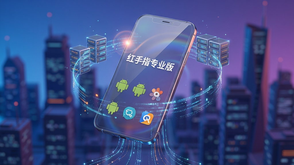 主体为一部悬浮在科幻城市上空的透明智能手机,屏幕内显示“红手指专业版”字样及多个正在运行的安卓应用图标,周围环绕数字光流与服务器矩阵光影。布局采用中心构图,手机为视觉焦点,背景城市虚化延伸,下方连接数条数据光线。排版简洁大气,强调科技感与云端概念。风格为写实3D渲染结合赛博朋克色调,蓝紫渐变主色,辅以橙色高光点缀。细节呈现手机屏幕反射光晕,云端数据流动粒子,以及机身金属质感。画质要求8K超高清,干净无多余元素。