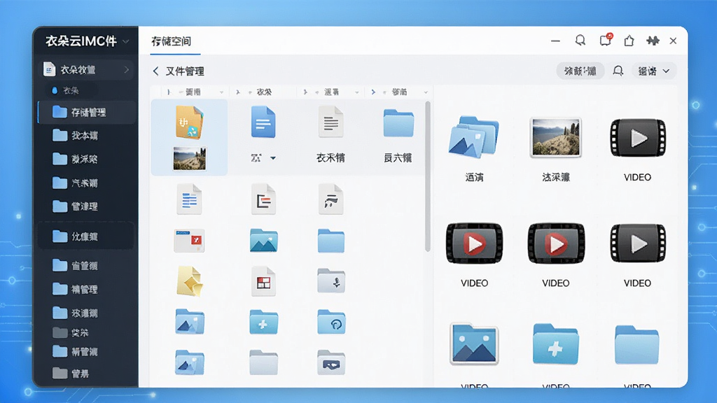 一张衣朵云IMC软件的文件管理功能界面截图,界面展示云端存储空间内的文件列表,包含文档、图片、视频等多个分类文件夹,界面采用列表与宫格混合视图,图标设计精美,背景为淡蓝色科技感渐变,排版整洁,细节清晰,画质高清干净。