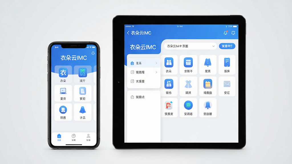 一张展示衣朵云IMC软件核心界面的高清产品预览图,主体为智能手机与平板电脑并排摆放,屏幕中清晰显示“衣朵云IMC”的App界面,界面风格现代简约,以蓝白为主色调,功能图标排列整齐,背景为干净的浅灰色渐变,画面布局平衡,细节丰富,画质清晰干净,无多余元素。