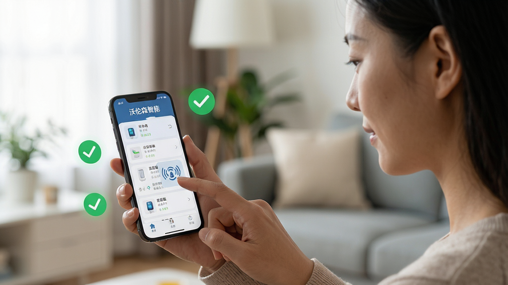 主体:用户手持手机操作沃伦森智能App,另一只手触摸屏幕上的传感器图标,背景为家居环境;布局:人物居中,手机屏幕清晰显示“沃伦森智能”界面,周围有绿色对勾图标;排版:自然生活化场景,视线聚焦在屏幕上;风格:写实摄影风格,柔和自然光;细节:手机屏幕显示设备列表,用户表情专注;画质:高清质感,干净,无多余元素