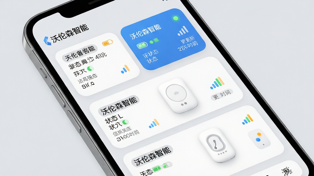 主体:沃伦森智能App的设备列表界面,展示多个传感器卡片;布局:手机竖屏展示,每个卡片显示设备名称、状态、信号强度;排版:列表式排列,卡片圆角设计,状态指示灯清晰;风格:清新简约,浅灰底色搭配蓝色强调色;细节:卡片上标注“沃伦森智能”Logo,电量图标和更新时间;画质:高质感UI渲染,干净,无多余元素