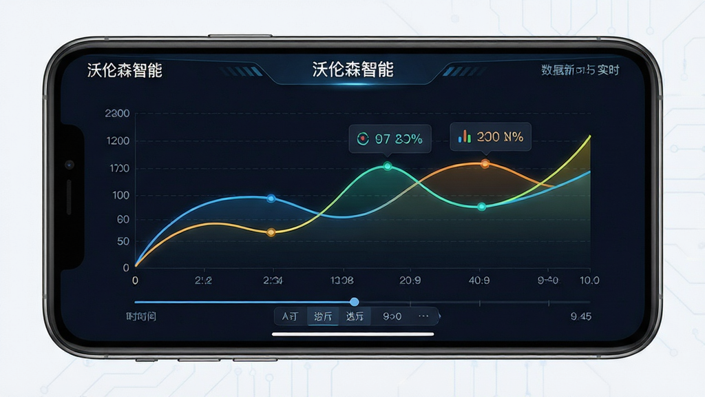 主体:沃伦森智能App的数据图表页面,显示温湿度曲线;布局:手机横屏展示,图表占据主要区域,底部有时间轴选择器;排版:曲线平滑,坐标轴标注清晰,数据点有悬浮提示;风格:商务科技风,深色背景搭配亮色曲线;细节:图表上方显示“沃伦森智能”标题,数据更新时间为实时;画质:精细渲染,干净,无多余元素