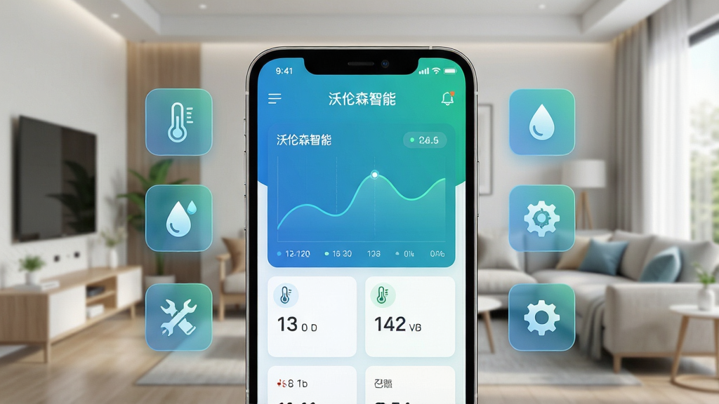 主体:沃伦森智能App在手机屏幕上显示传感器数据仪表盘,背景为现代智能家居客厅;布局:手机居中,屏幕内容清晰可见,周围有温度、湿度、空气质量等图标悬浮;排版:简洁的网格状数据卡片排列,顶部为状态栏;风格:科技感UI设计,蓝绿色渐变主色调,明亮通透;细节:屏幕中显示“沃伦森智能”字样,数据曲线平滑,图标精致;画质:高清渲染,干净,无多余元素
