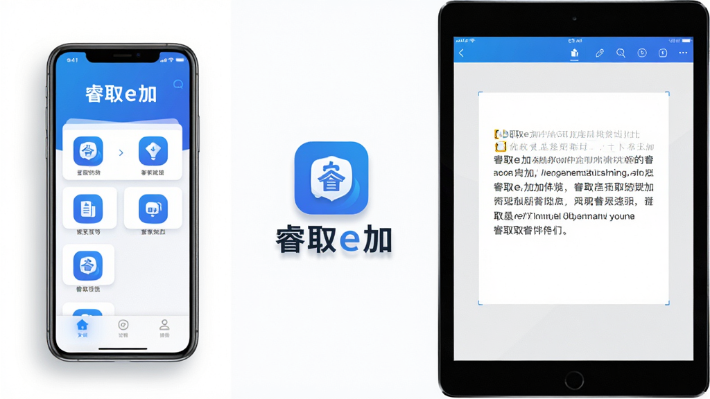 画面主体为“睿取e加”软件在智能手机与平板电脑上同时运行的场景,手机屏幕显示主界面图标与“睿取e加”字样,平板电脑展示文字识别功能。布局为左右双设备对称排列,中间留白处放置软件Logo,整体排版简洁大气。风格采用现代扁平化设计,主色调为科技蓝与白色搭配,细节处辅以柔和阴影。画质为4K超清,干净无多余元素,突出软件的智能与便捷。