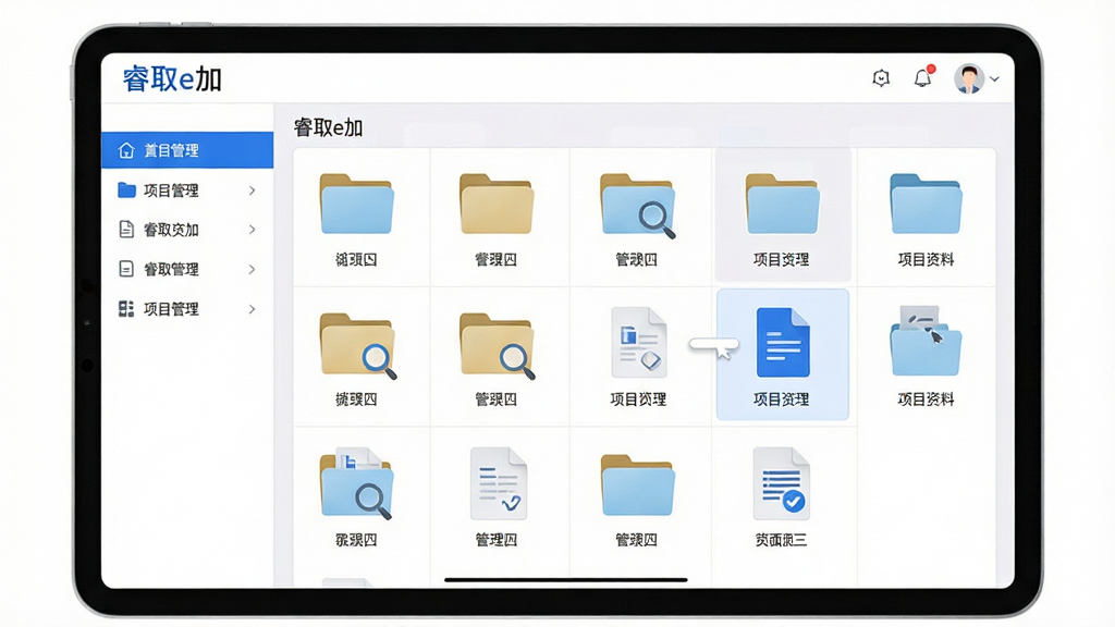 画面主体为“睿取e加”软件的文档管理界面,屏幕上展示多个文件夹与文档缩略图,其中一份文档被拖动至“项目资料”文件夹中。布局为平板电脑居中显示,界面采用列表与网格混合排版,左侧为导航栏。风格为简洁商务风,以白色为底,蓝色点缀,细节处配以文件类型图标。画质为高清,干净无多余元素,体现高效整理与条理分明的特性。