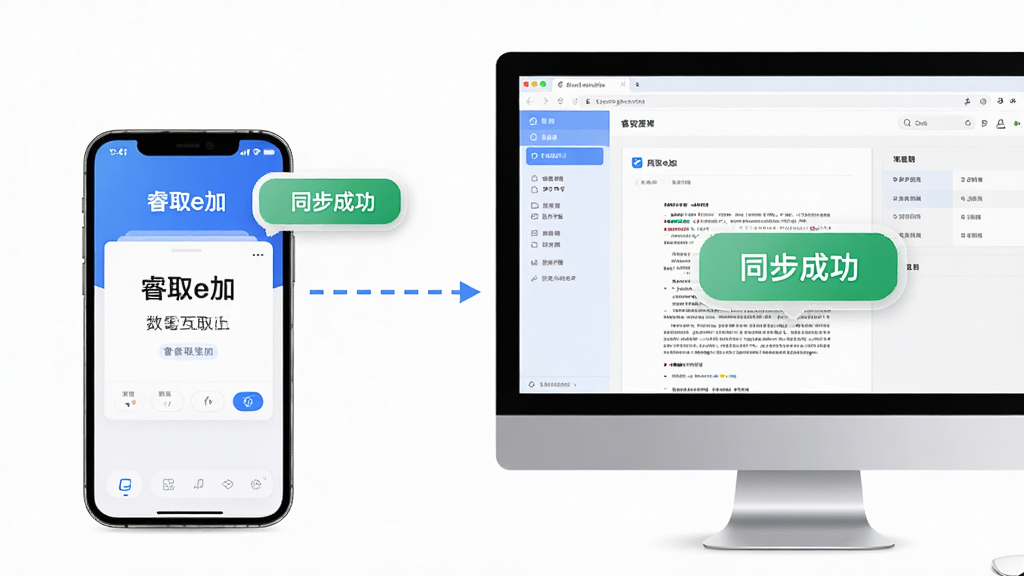 画面主体为手机与电脑并排摆放,手机屏幕显示“睿取e加”的识别结果界面,电脑屏幕显示文档管理界面,中间以虚线箭头连接,表示数据互通。布局为左手机右电脑,背景为纯白,排版干净。风格为写实摄影风,光线柔和,细节处配以“同步成功”的提示气泡。画质为4K超清,干净无多余元素,体现跨端协作的流畅体验。