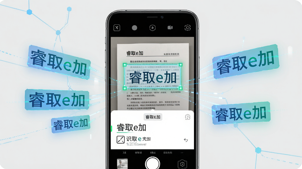 画面主体为“睿取e加”软件的文字识别功能演示,手机屏幕显示相机取景框对准一份文档,文字区域被高亮框选,下方弹出识别结果并标注“睿取e加”字样。布局为手机居中,左右两侧配以飘浮的识别文字元素,排版清爽。风格采用科技感插画风,背景为浅灰色,细节处辅以蓝绿色高光。画质为超清,干净无多余元素,展现精准高效的识别能力。