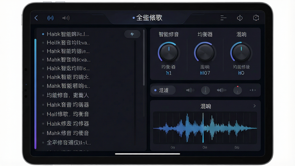 一张展示全民K歌智能修音功能界面的图片,主体为平板电脑横屏显示的演唱调音台页面,布局左侧为歌词滚动区域,右侧为各种音效调节旋钮与控制面板,排版对称协调。风格为科技感十足的深色系UI界面,细节上突出“智能修音”、“均衡器”、“混响”等文字标签,以及波形动态显示效果。画质高清,干净无多余元素。