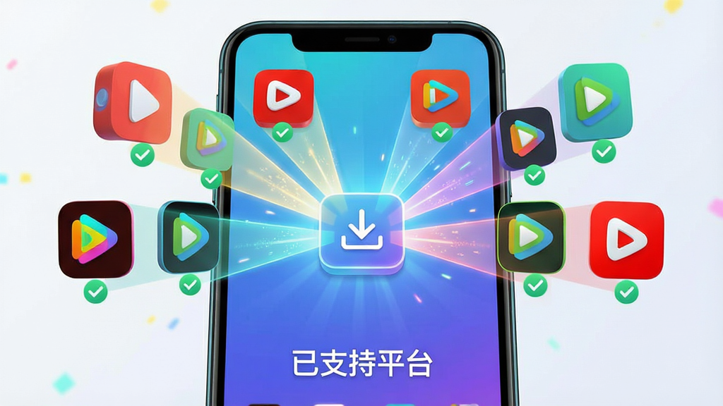 主体:“视频下载去水印”软件的多平台支持功能预览图。布局:画面中央是一个巨大的手机模型,手机屏幕中显示着一排排知名视频平台的彩色图标,这些图标纷纷向屏幕中心的下载按钮投射出光线。排版:图标排列整齐,下方有“已支持平台”字样。风格:科技感与时尚感结合,色彩明亮活泼。细节:每个平台图标下方都有对号标记,表示解析成功。画质:4K级清晰度,画面干净,无多余元素。