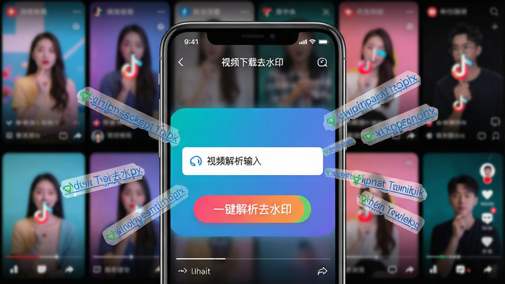 主体:一款名为“视频下载去水印”的手机软件界面,悬浮在多彩的短视频播放界面之上。布局:手机屏幕中央展示软件主界面,界面内显示一个清晰的视频解析输入框,背景是模糊处理的各类短视频预览画面。排版:界面简洁,按钮文字为“一键解析去水印”,色彩鲜明。风格:现代扁平化设计风格,科技感十足。细节:屏幕周围有从各个视频平台飘来的链接碎片,汇聚到软件中,象征多平台支持。画质:高清渲染,干净,无多余元素。