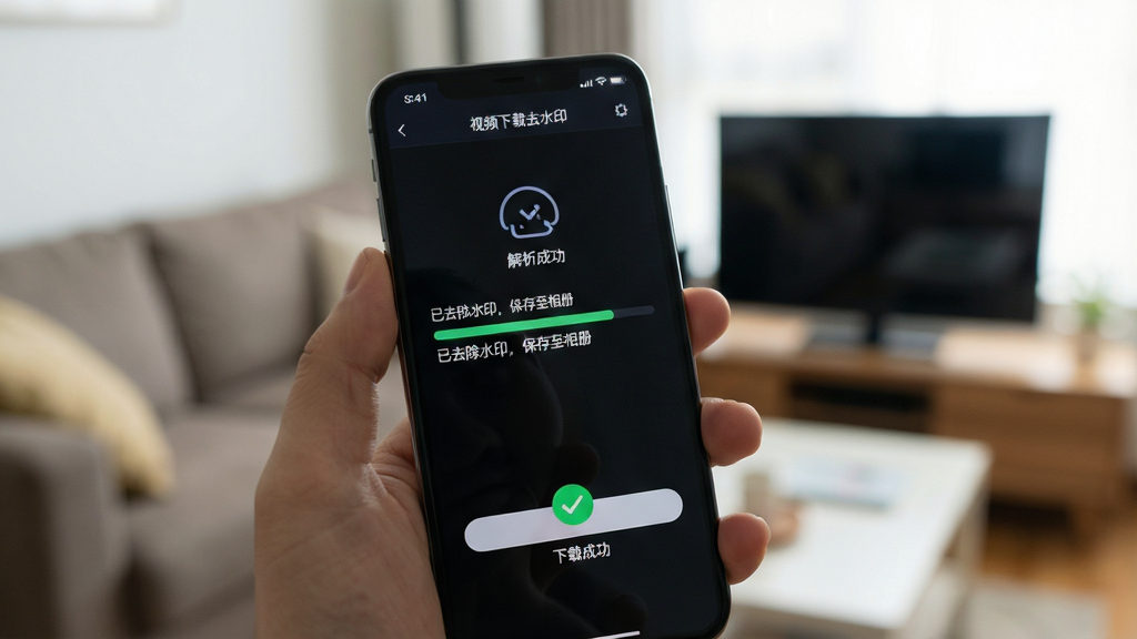 主体:“视频下载去水印”软件在手机上的实际使用场景。布局:一只手拿着手机,屏幕显示软件解析成功并开始高速下载的进度条界面,背景是模糊的客厅环境。排版:手机屏幕画面清晰,下载进度条显示“已去除水印,保存至相册”。风格:写实生活风格,自然光。细节:下载完成后手机屏幕弹出“下载成功”的绿色对勾提示。画质:高清,干净,无多余元素。