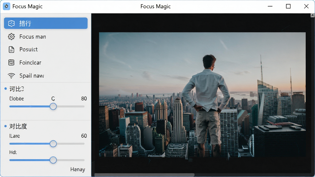 Focus Magic软件界面预览图,主体为软件主窗口,布局包含左侧功能列表与右侧图片预览区,排版简洁清晰,风格现代科技感,细节展示锐化滑块与对比度调节面板,画质高清干净无多余元素
