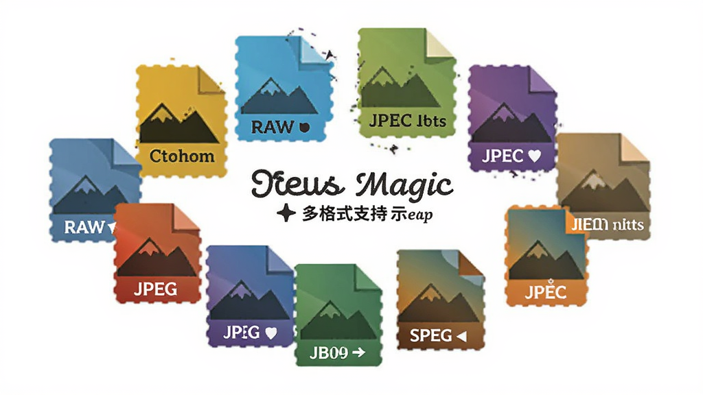 Focus Magic多格式支持示意图,主体为各种图像格式图标排列,布局环绕风格,排版清晰,风格扁平化,细节显示RAW、JPEG等格式标识,画质高清干净无多余元素