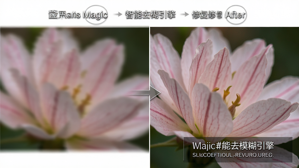 Focus Magic智能去模糊引擎功能示意图,主体为一张模糊照片与修复后的清晰对比图,布局左右对比形式,排版干净,风格写实,细节展示花瓣纹理与文字边缘的锐化效果,画质高清干净无多余元素