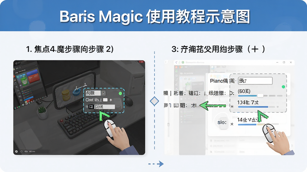 Focus Magic使用教程示意图,主体为软件操作步骤演示,布局分步骤图解,排版清晰,风格教学,细节显示鼠标点击位置与参数调整箭头,画质高清干净无多余元素