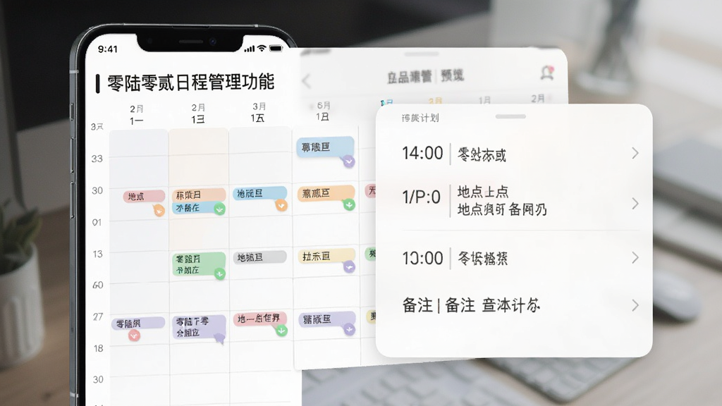零陆零贰日程管理功能预览,手机界面展示一周日历视图,有不同颜色的任务标签,点击某一天弹出详细计划列表,包含时间、地点、备注信息,界面采用卡片式设计,色彩柔和,画质清晰,干净整洁