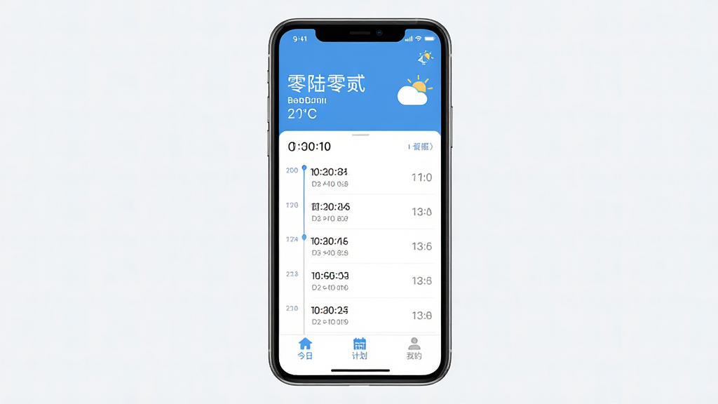 零陆零贰主界面预览图,智能手机屏幕展示应用首页,上方显示日期天气,中间为时间线式日程列表,底部导航栏有今日、计划、我的三个标签,整体风格扁平化,主色调为清爽蓝色,背景干净,无多余元素,画质高清