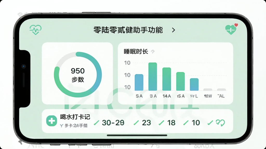 零陆零贰健康助手功能预览,手机屏幕显示健康数据仪表盘,包含步数环形图、睡眠时长条形图,下方有喝水打卡记录,背景为淡绿色,健康风格,图标简洁,画质细腻,无多余元素