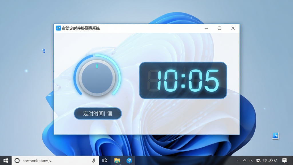 画面中央展示一款简洁的Windows桌面软件窗口,窗口标题栏显示“宣皓定时关机提醒系统”字样,主界面包含清晰的定时时间设置旋钮与倒计时数字显示屏,背景为柔和的蓝白渐变科技感壁纸,桌面右下角任务栏显示软件托盘图标,整体布局干净明亮,采用扁平化设计风格,细节包含发光的时间数字与圆润的按钮边缘,高分辨率渲染,画质干净无多余元素