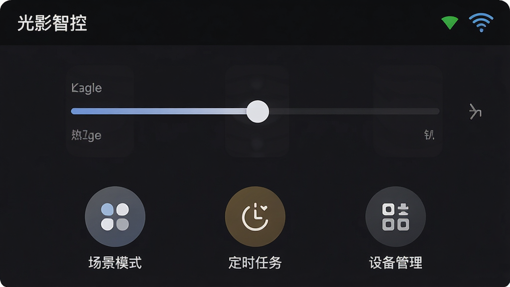一张展示光影智控软件主界面的高清截图,界面以深色主题为主,中央是灯光亮度调节滑杆,下方排列着“场景模式”“定时任务”“设备管理”等圆形功能图标,右上角显示WiFi连接状态图标,整体布局简洁现代,细节丰富,画质清晰干净,无多余元素