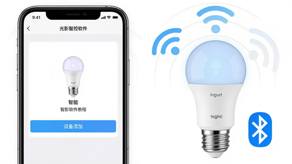 光影智控软件教程示意图,画面展示手机连接智能灯泡的过程,左侧是手机屏幕显示设备添加页面,右侧是智能灯泡实物,周围有WiFi信号图标与蓝牙图标,整体风格简洁清晰,画质干净,无多余元素