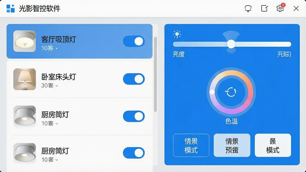 光影智控软件在多设备管理界面下的预览图,画面左侧是设备列表,显示“客厅吸顶灯”“卧室床头灯”“厨房筒灯”等设备名称及开关状态,右侧是选中设备的详细控制面板,包含亮度条、色温调节环和情景模式按钮,界面采用浅灰色背景搭配蓝色高亮元素,排版清晰,细节丰富,画质干净,无多余元素