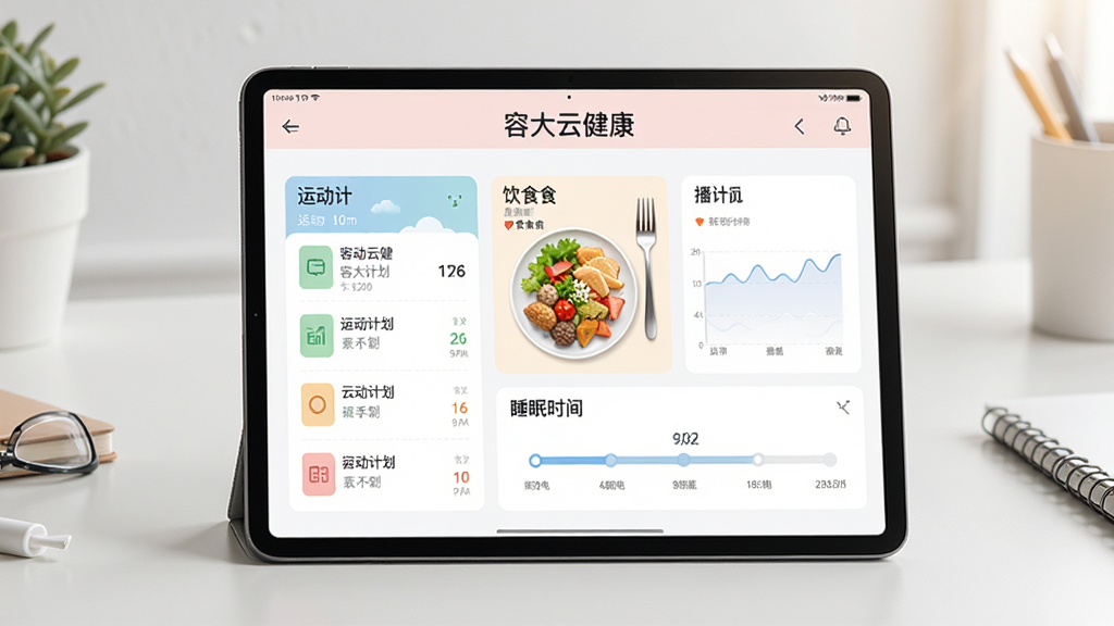 画面主体为平板电脑展示容大云健康个性化方案页面,包含运动计划列表、饮食餐盘图示和睡眠时间轴,整体布局清晰,背景为简约办公桌,风格扁平化,色彩柔和,细节精致,画质干净,无多余元素,平板屏幕中显示“容大云健康”字样