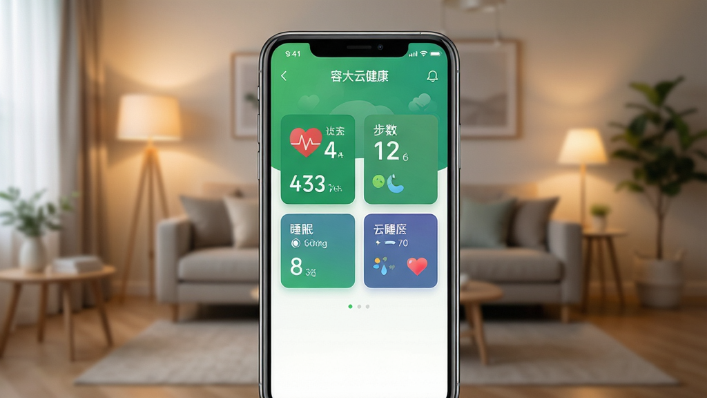 画面主体为智能手机屏幕展示容大云健康应用主界面,界面以清新绿色为主色调,中央显示心率、步数、睡眠等健康数据卡片,整体布局简洁明快,背景为模糊的现代家庭客厅场景,暖色灯光,风格写实,细节清晰,画质干净,无多余元素,屏幕中显示“容大云健康”字样