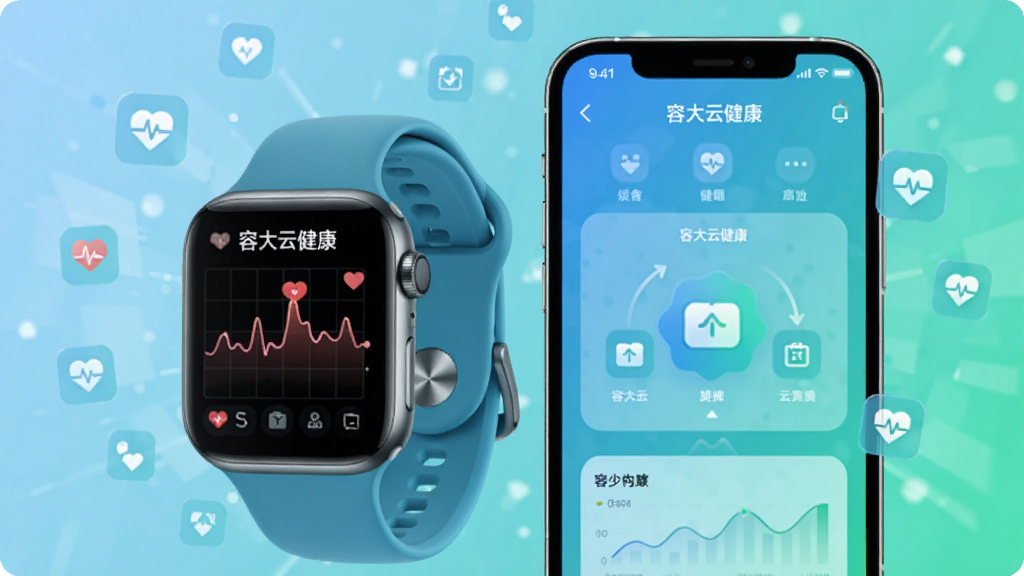 画面主体为智能手表与手机并排摆放,手表屏幕显示心率曲线,手机屏幕展示容大云健康数据同步动画,周围漂浮着微小的健康图标,布局清晰,风格科技感,蓝色与绿色渐变色调,细节丰富,画质干净,无多余元素,手表屏幕与手机屏幕均显示“容大云健康”字样