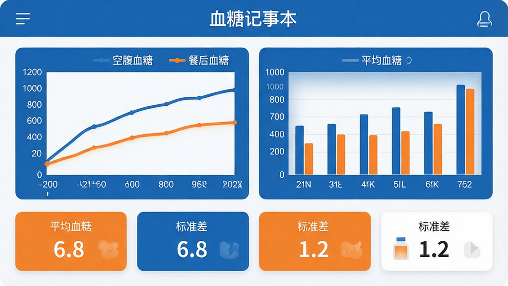 主体:“血糖记事本”应用的趋势分析页面,展示折线图与柱状图,图表下方有统计指标卡片。布局:图表占据屏幕上方,统计卡片横向排列于下方。排版:图表坐标轴标注清晰,卡片信息简洁。风格:商务简洁风格,蓝色与橙色搭配。细节:折线图有“空腹血糖”和“餐后血糖”两条线,统计卡片显示“平均血糖 6.8”、“标准差 1.2”。画质:高清,专业,无多余元素。