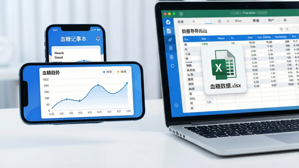 主体:手机横屏显示“血糖记事本”的图表分析界面,旁边有一台笔记本电脑显示数据导出文件。布局:手机在左,笔记本在右,形成对比。排版:界面图表清晰,笔记本屏幕显示表格。风格:现代科技感,蓝白配色。细节:手机屏幕有“血糖趋势”图表,笔记本屏幕有“血糖数据.xlsx”文件图标。画质:高清,干净,无多余元素。