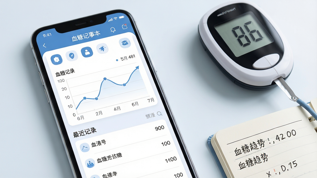 主体:智能手机屏幕展示“血糖记事本”应用界面,界面清晰显示血糖记录折线图和最近记录列表,手机旁放置血糖仪和记事本。布局:手机居中偏左,右侧留白放置血糖仪和记事本,背景简洁。排版:应用界面图标排列整齐,数据图表醒目。风格:写实风格,色彩柔和,以蓝白为主色调。细节:血糖仪屏幕显示数字,记事本上有手写血糖数值,界面图表有“血糖趋势”字样。画质:高清,干净,无多余元素。