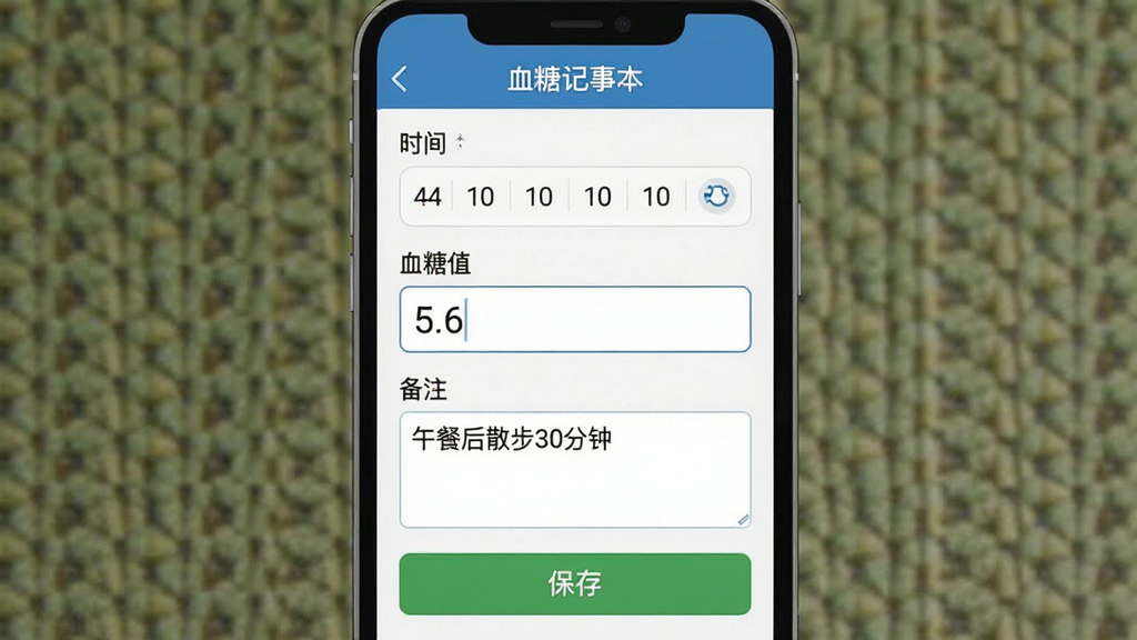 主体:“血糖记事本”应用的数据录入界面,包含时间选择器、血糖值输入框和备注栏。布局:界面居中,各输入框垂直排列,下方有“保存”按钮。排版:表单设计简洁,标签清晰。风格:扁平化设计,采用蓝色系。细节:血糖值输入框显示“5.6”,备注栏有“午餐后散步30分钟”文字,保存按钮为绿色。画质:干净整洁,无多余元素。