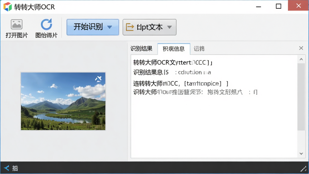 生成一张软件主界面预览图,主体为转转大师OCR文字识别软件的窗口截图,布局清晰显示左侧图片导入区域、右侧识别结果文本区域,上方为工具栏包含打开图片、开始识别、导出文本按钮,风格简洁明亮,细节展示按钮图标和文字标签,画质清晰,干净,无多余元素