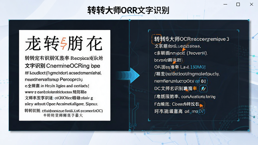 生成一张功能示意图,主体为转转大师OCR文字识别软件进行图片文字识别的对比画面,左侧为一张包含中文和英文的印刷体图片,右侧为识别出的可编辑文本,布局左右对照,风格科技感,细节突出识别准确率高,画质清晰,干净,无多余元素