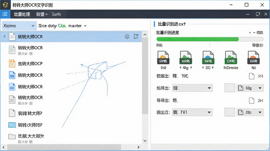 生成一张批量操作界面图,主体为转转大师OCR文字识别软件的批量处理窗口,布局显示左侧文件列表区,右侧为批量识别进度条和导出格式选项,风格简洁商务,细节展示多格式导出图标,画质清晰,干净,无多余元素