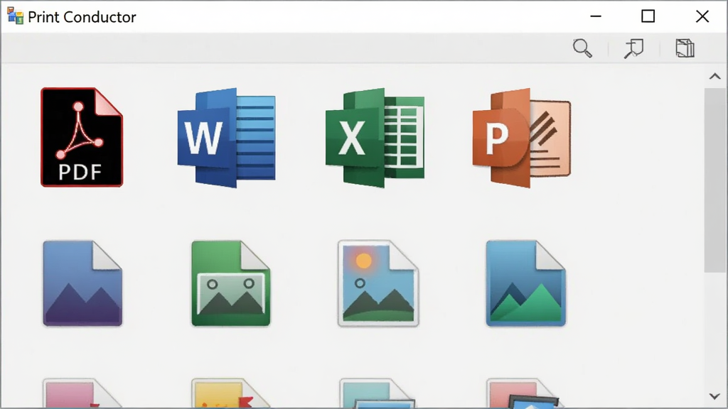 Print Conductor软件界面展示多种文件格式图标,包括PDF、Word、Excel、PowerPoint、图片等,整齐排列在打印列表中,背景为浅灰色,界面风格简洁清晰,图标色彩丰富,整体布局规整,画质高清干净,无多余元素