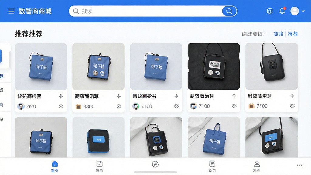 一张展示数智商城应用主界面的高清截图,界面包含顶部搜索栏、中部商品推荐瀑布流、底部导航栏,整体风格现代简约,以蓝色和白色为主色调,UI设计干净整洁,画质清晰,无多余元素