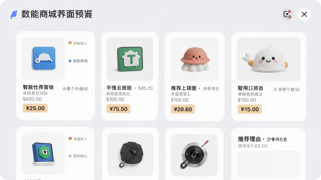 数智商城智能推荐界面预览图,展示个性化商品列表,包含软件卡片、价格标签和推荐理由,背景为浅灰色,卡片圆角设计,整体布局规整,风格清新,画质细腻,无多余元素