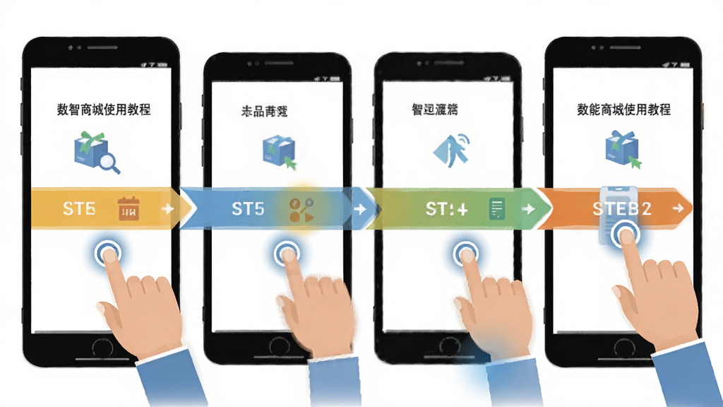 数智商城使用教程示意图,展示手机操作步骤,包含手指点击、滑动等动作,背景为简洁的白色,图形化步骤条,风格扁平,画质清晰,无多余元素